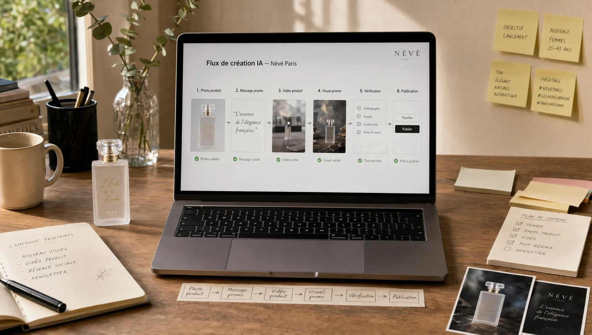 Workflow de création IA sur ordinateur pour transformer une photo de parfum en vidéo produit et visuel promo