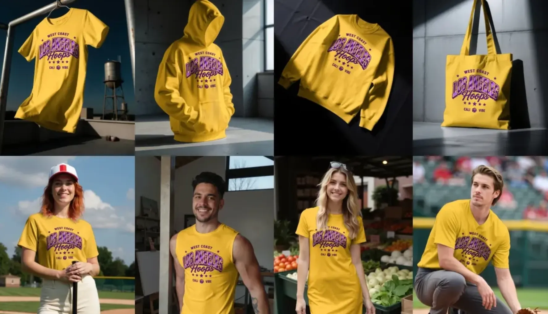 Diverse gelbe Kleidungsstücke mit dem Aufdruck „Los Angeles Hoops“.