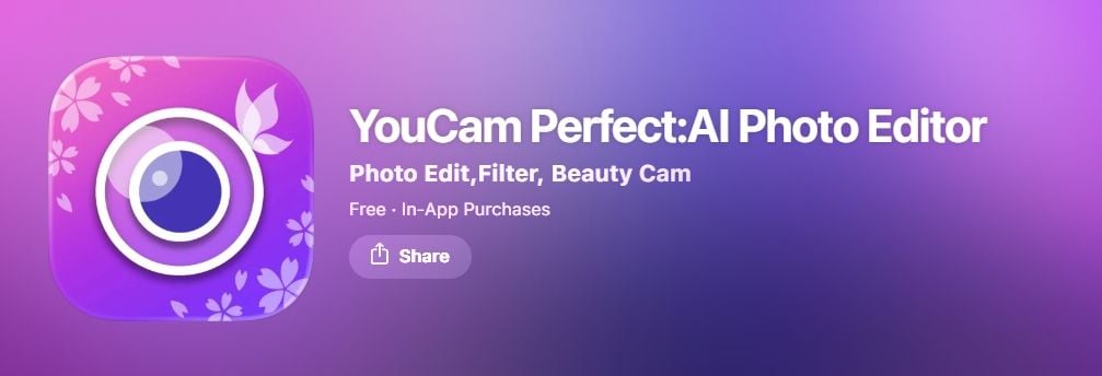 YouCam Perfect: AI Photo Editor app store banner with a purple gradient background and cherry blossom camera icon