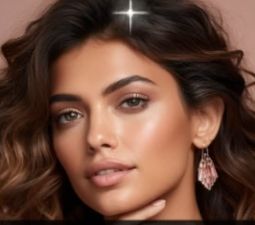 A close-up portrait of a brunette woman with a sparkle effect on her hair, wearing pink chandelier earrings