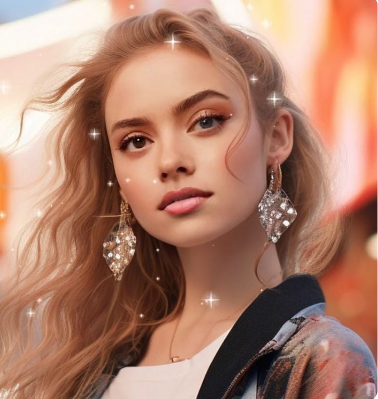 A blonde woman with wavy hair wears large crystal earrings, with a sparkle effect overlay
