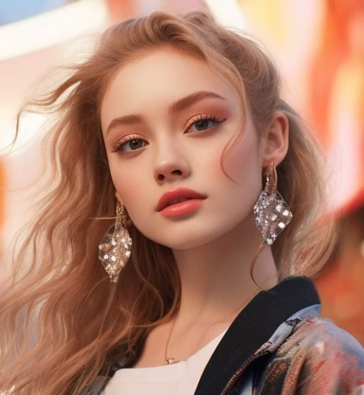A blonde woman with wavy hair wears large crystal earrings, without the sparkle effect overlay