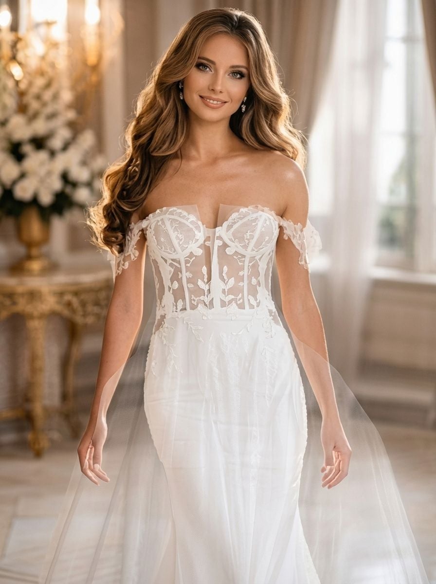 A bride in an off-shoulder lace wedding dress with sheer tulle sleeves stands in an elegant indoor setting