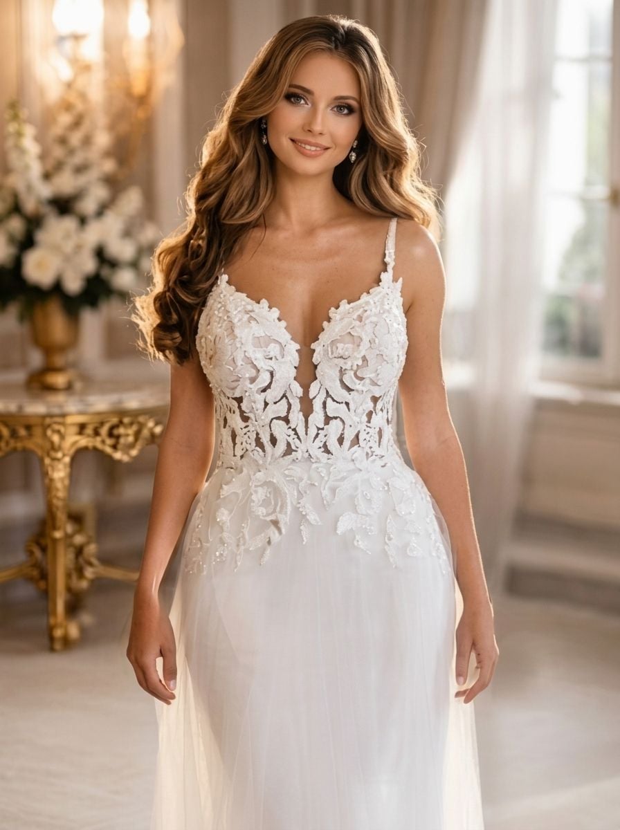A bride in a spaghetti-strap deep V lace wedding dress with intricate floral appliqués