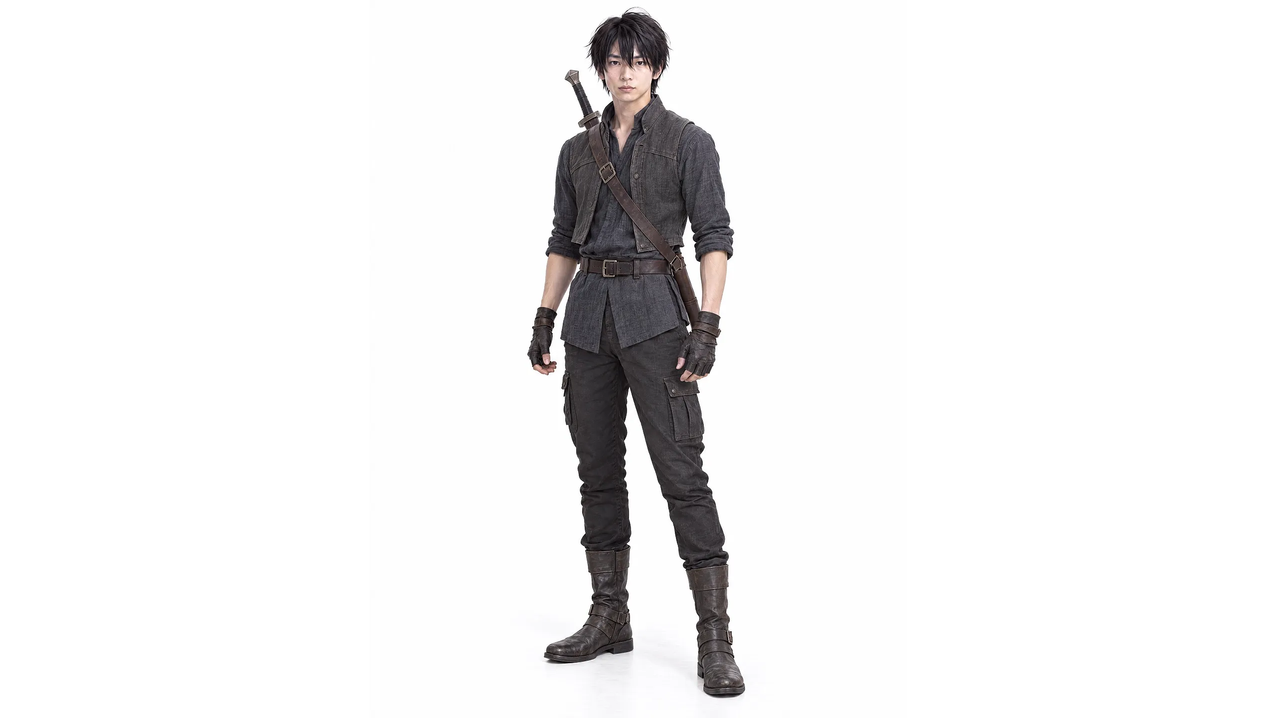 A young man in dark clothing stands confidently with a sword on his back.