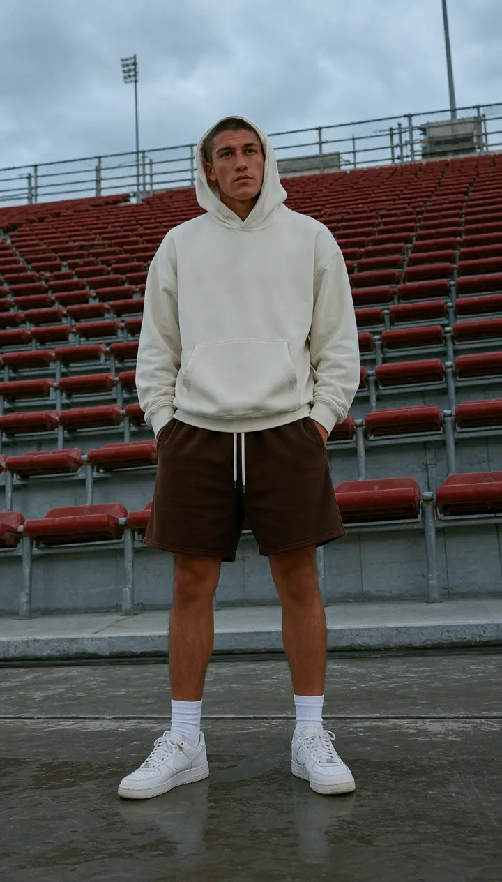 A young man stands in a stadium wearing a cream hoodie and brown shorts.