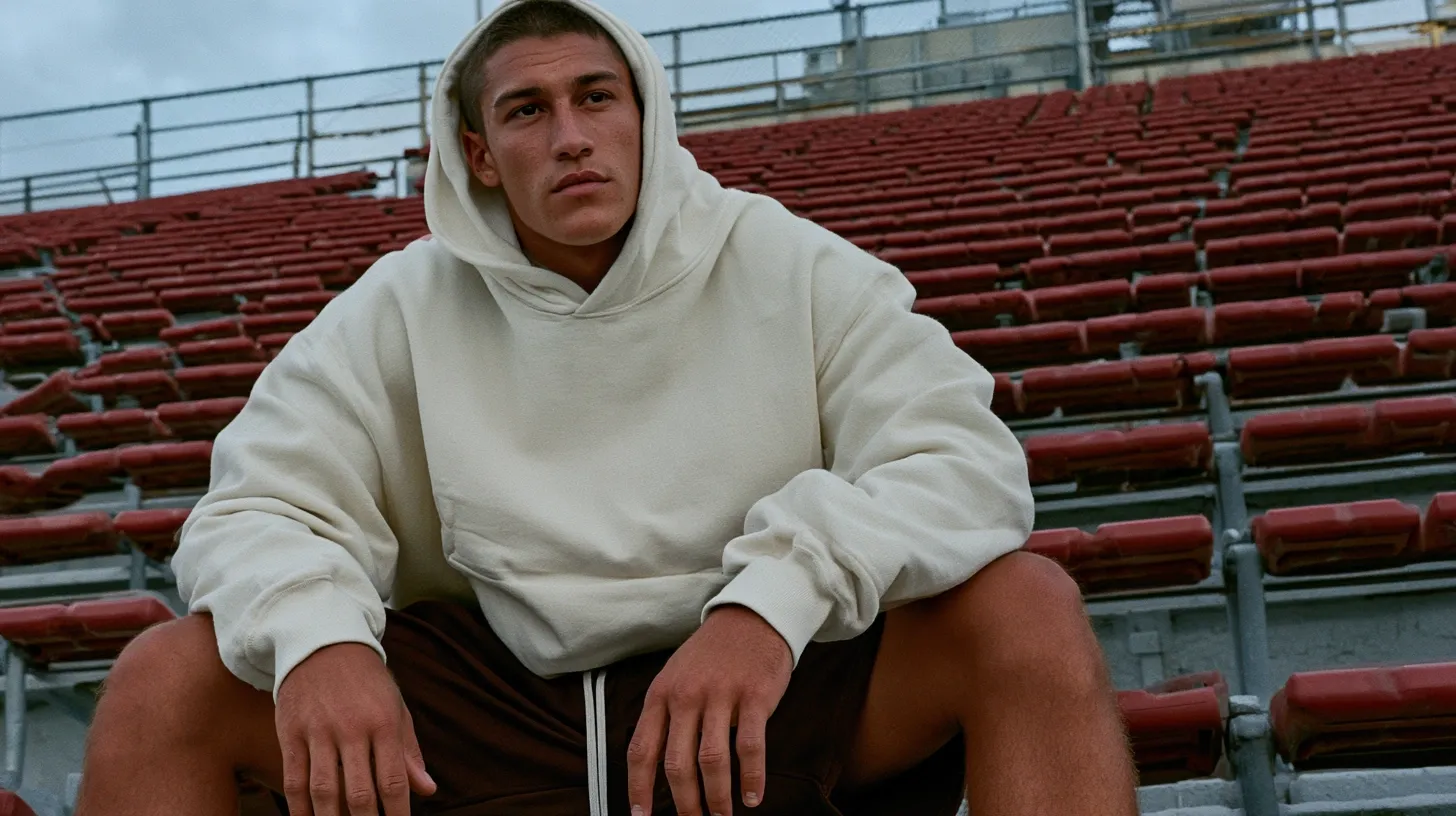 A young man sits on bleachers wearing a beige hoodie and brown shorts.