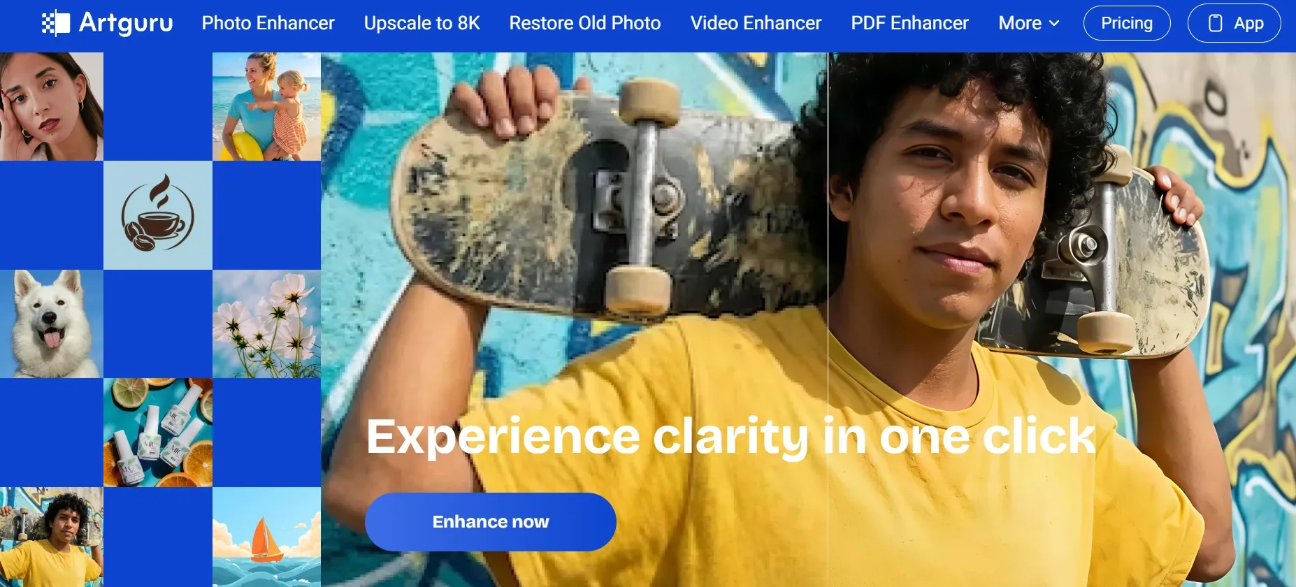 Un jeune homme en chemise jaune tient un skateboard devant un mur coloré.