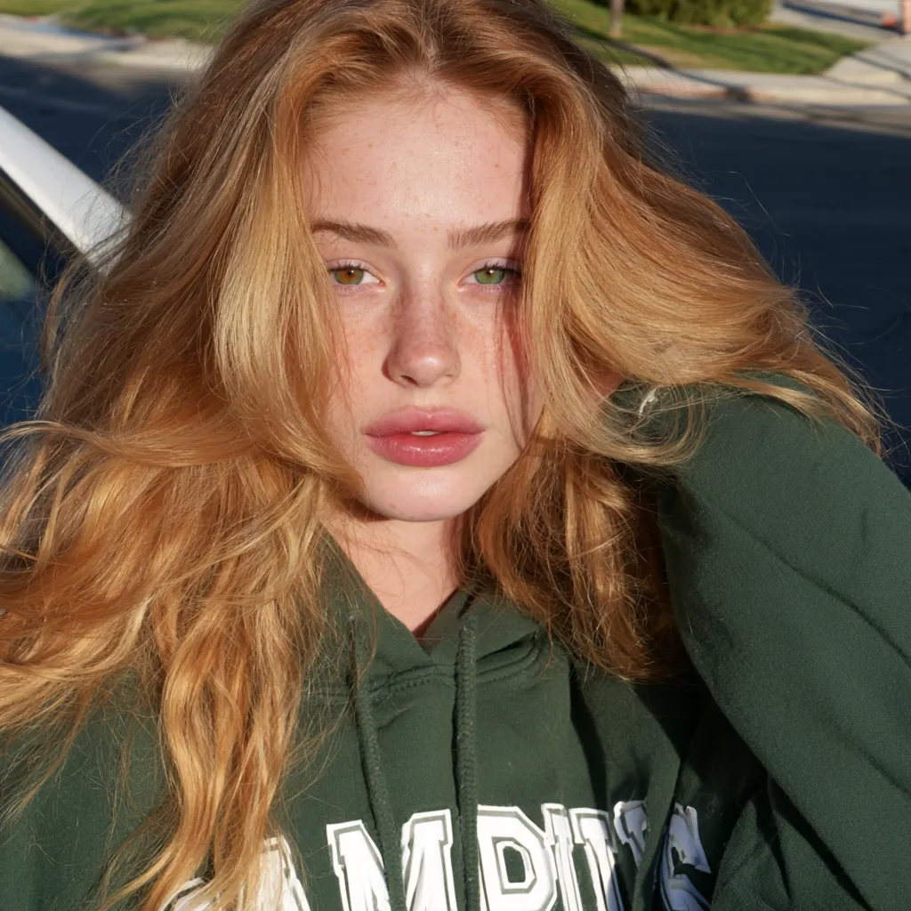 A young woman with long blonde hair poses in a green hoodie.