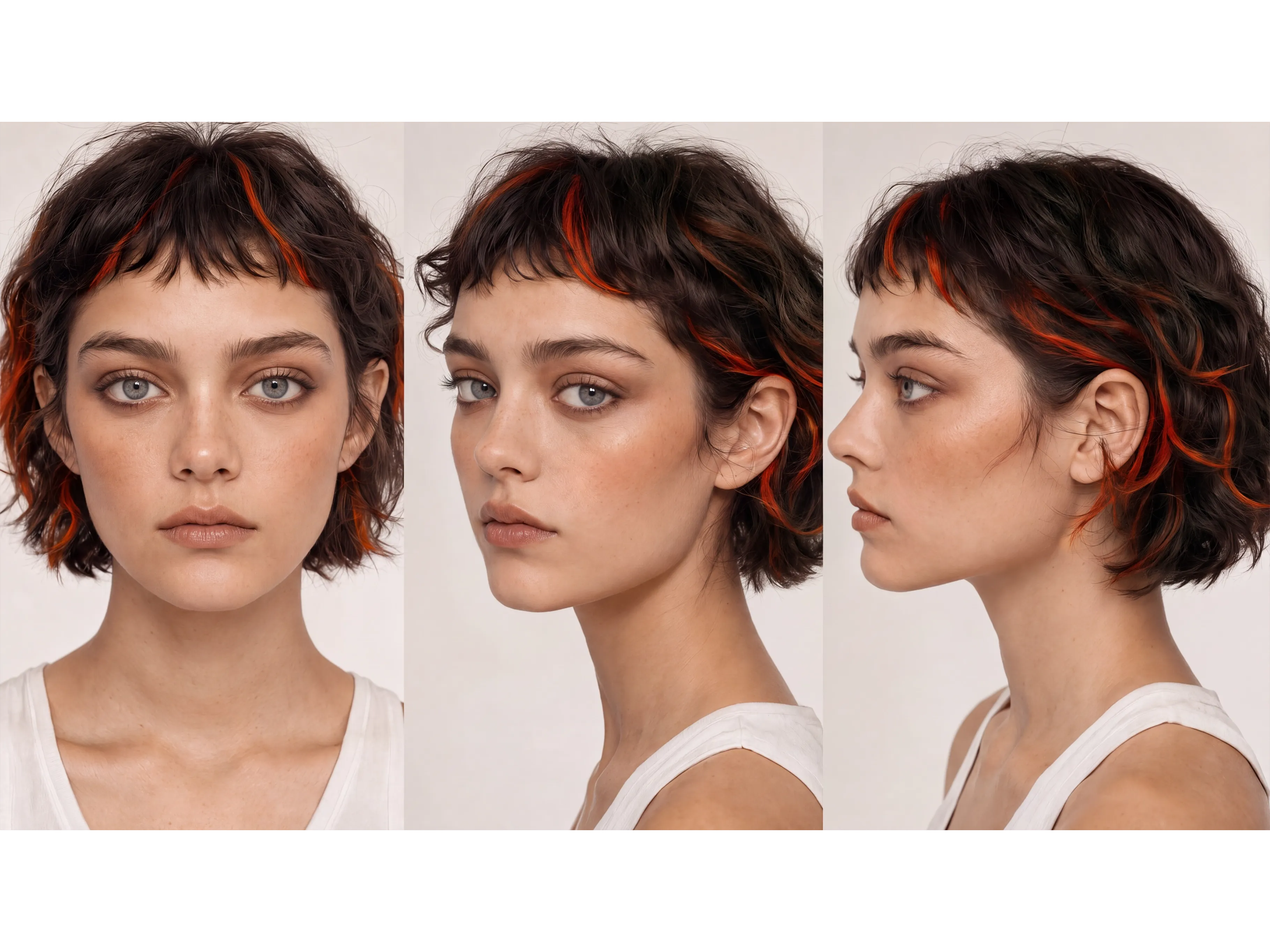 A young woman with short hair featuring orange highlights, shown from three angles.