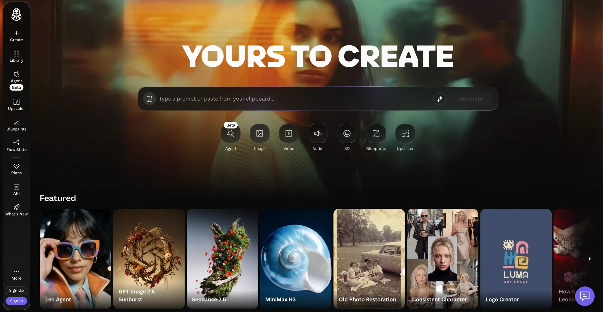 A digital interface with a prompt box and featured items for creative tools.