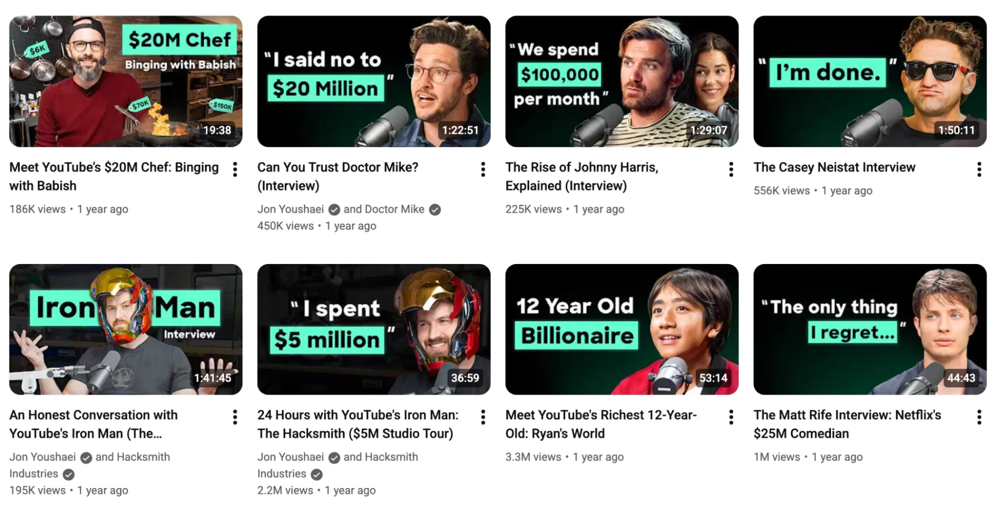 著名なクリエイターや起業家のインタビュー動画のサムネイルを表示するYouTubeページ