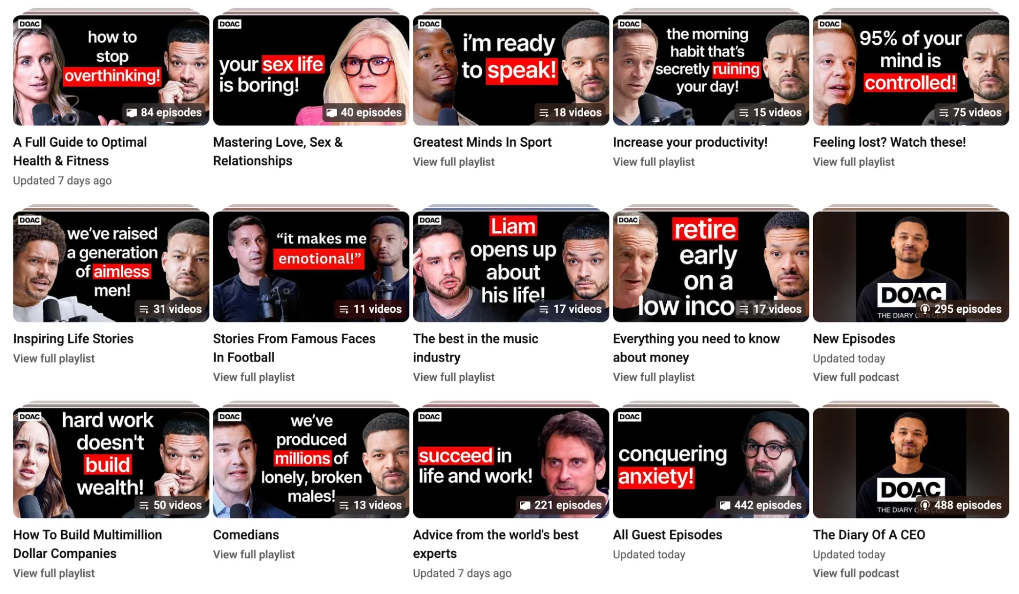 YouTubeページには、ポッドキャスト「The Diary of a CEO」の複数のテーマ別プレイリストが掲載されています。