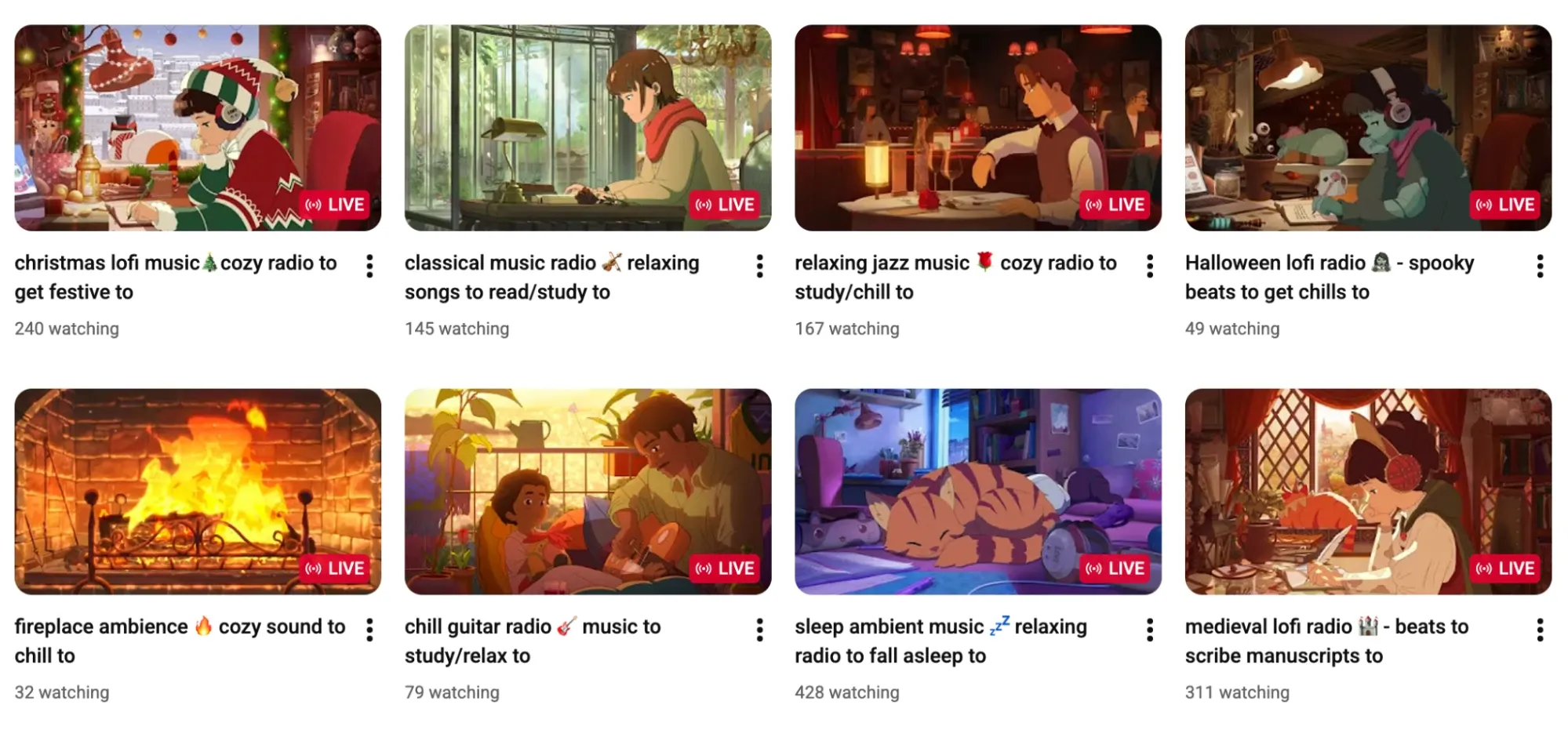 YouTube 页面显示多个用于学习、放松和睡眠的 Lo-fi 音乐直播流