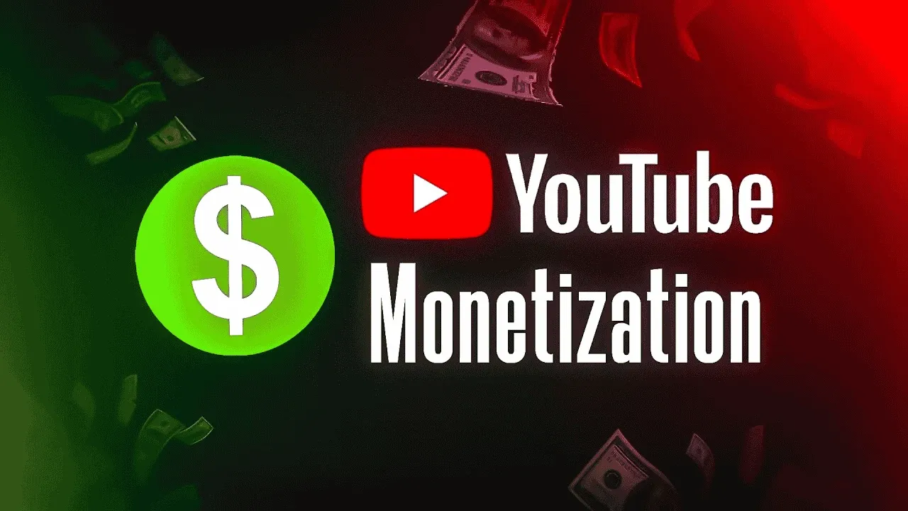 YouTube 盈利概念,配有美元符号和漂浮的钞票