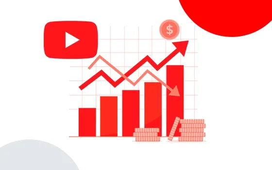 YouTubeの収益成長とチャンネル収益化を赤い棒グラフと上向き矢印で示した図。
