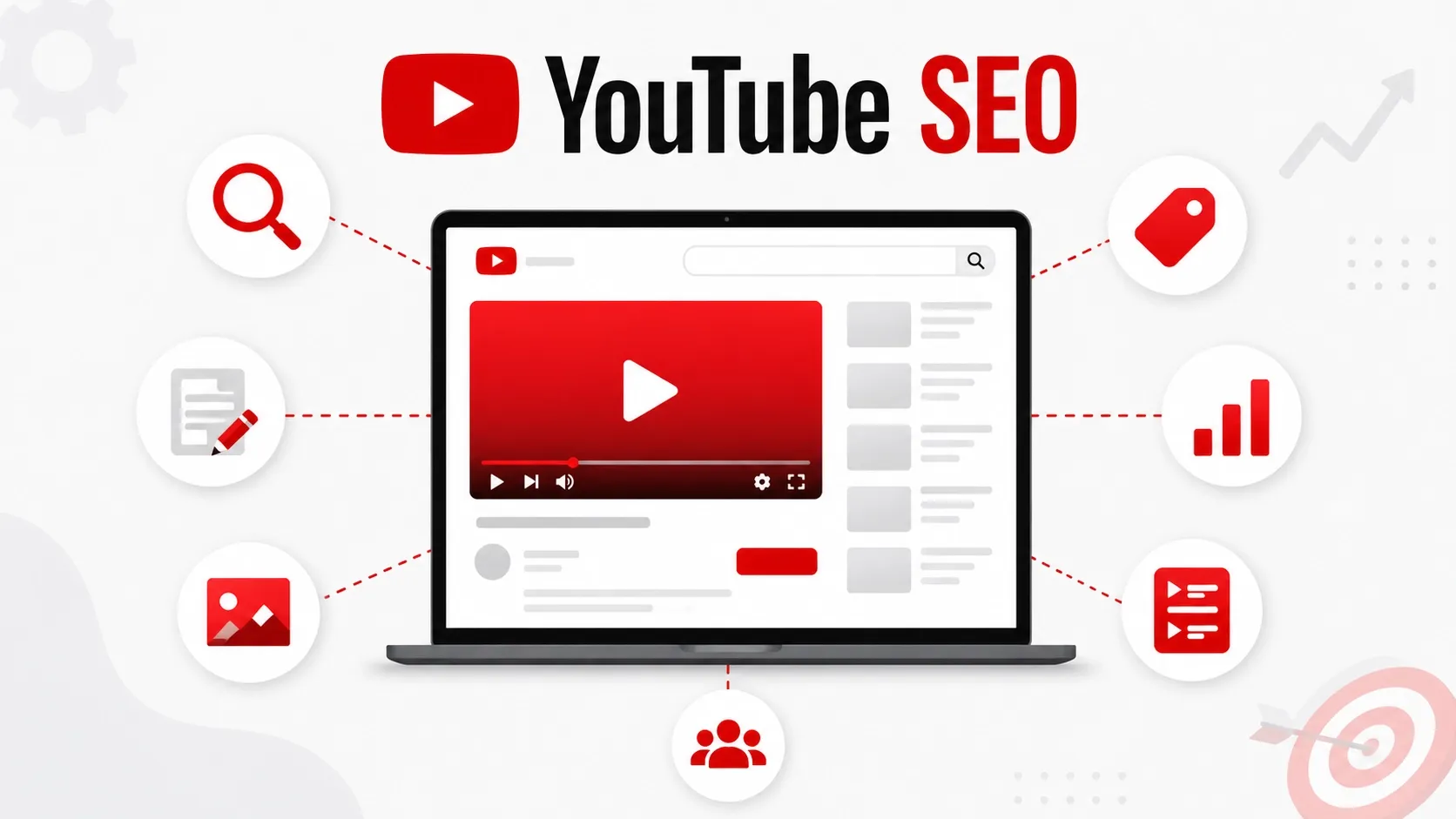 A laptop displaying YouTube SEO elements and icons related to video optimization.