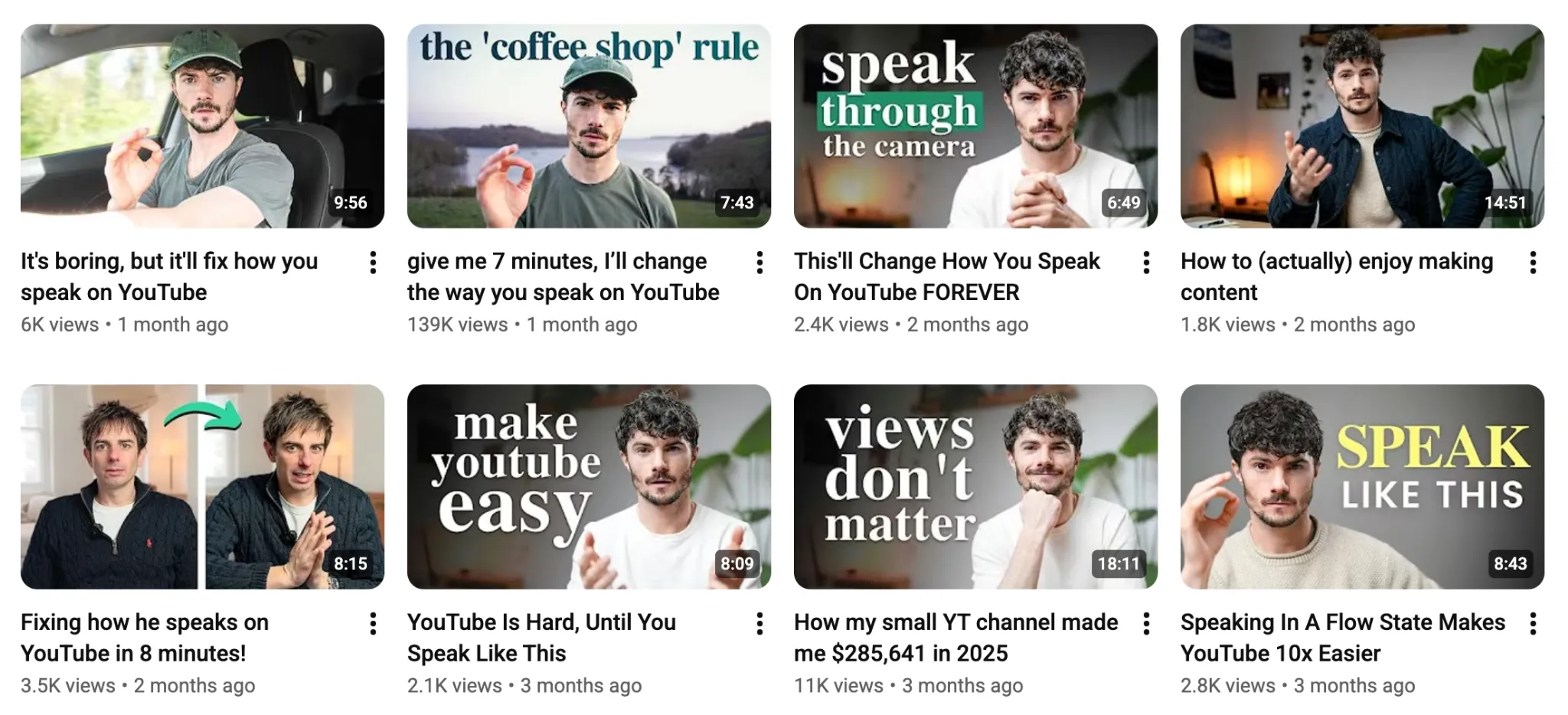 Thumbnails of various YouTube videos on improving speaking skills.