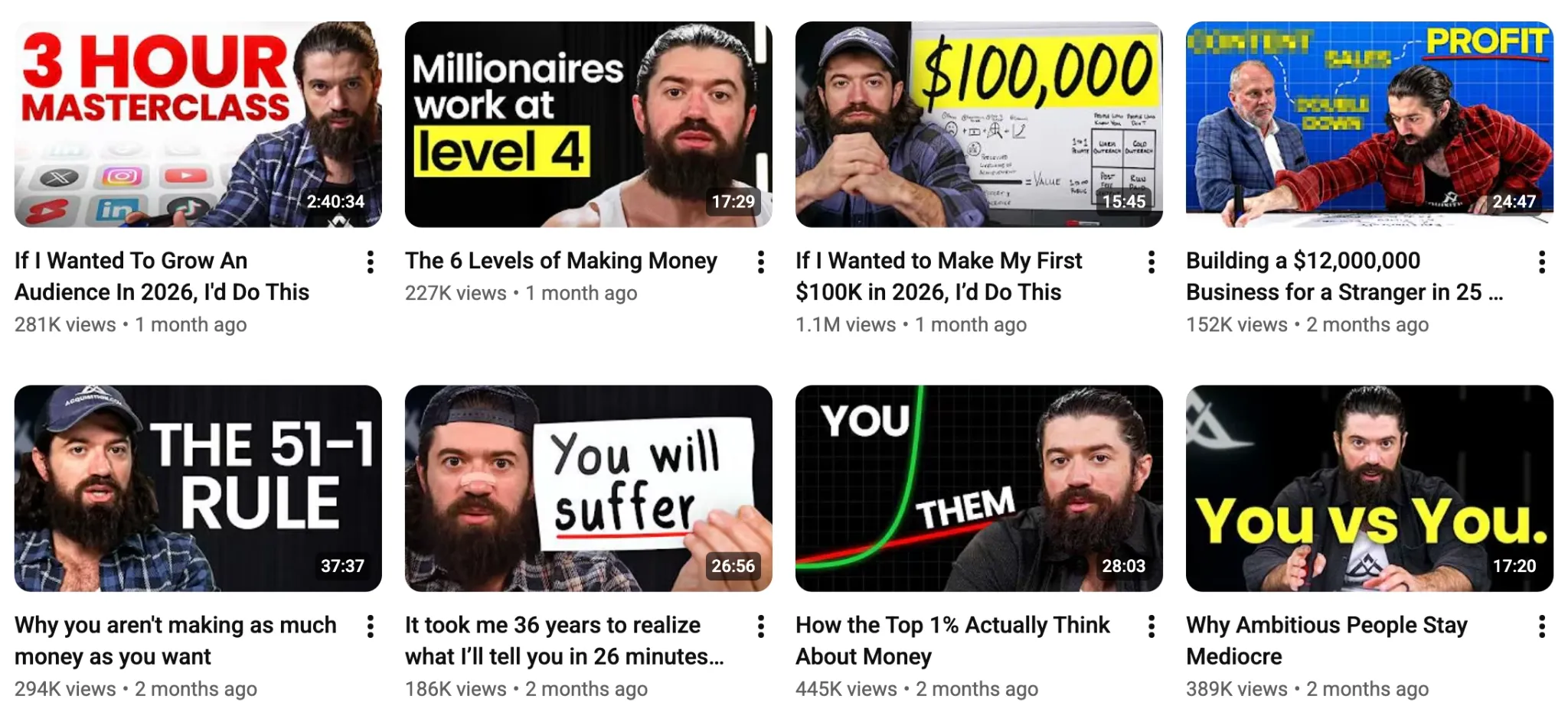 Thumbnails of various financial advice videos featuring a bearded man.