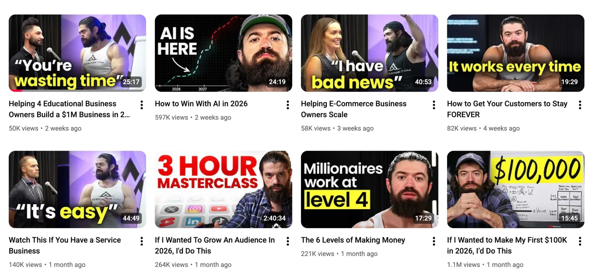 Thumbnails of various business advice videos on YouTube.