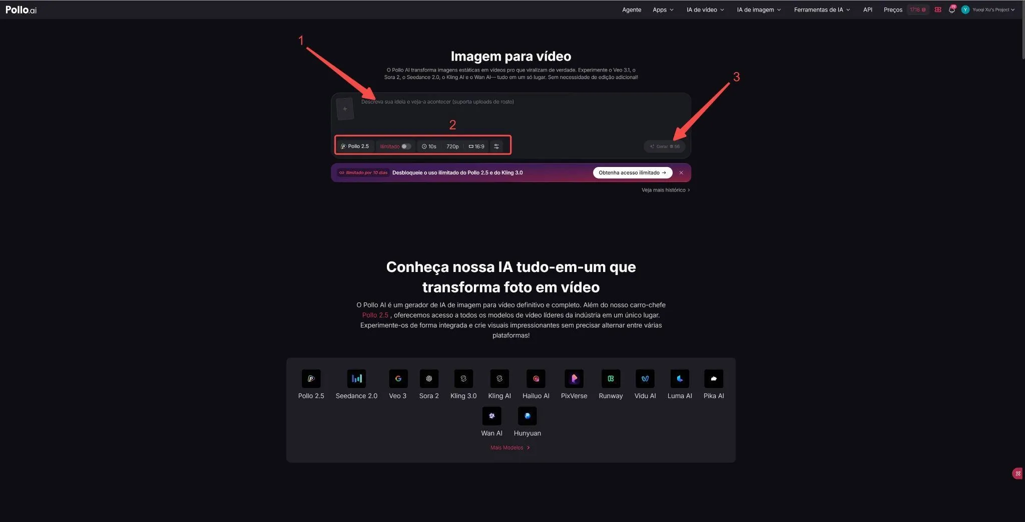 Interface do Pollo AI para criar vídeo IA a partir de imagem